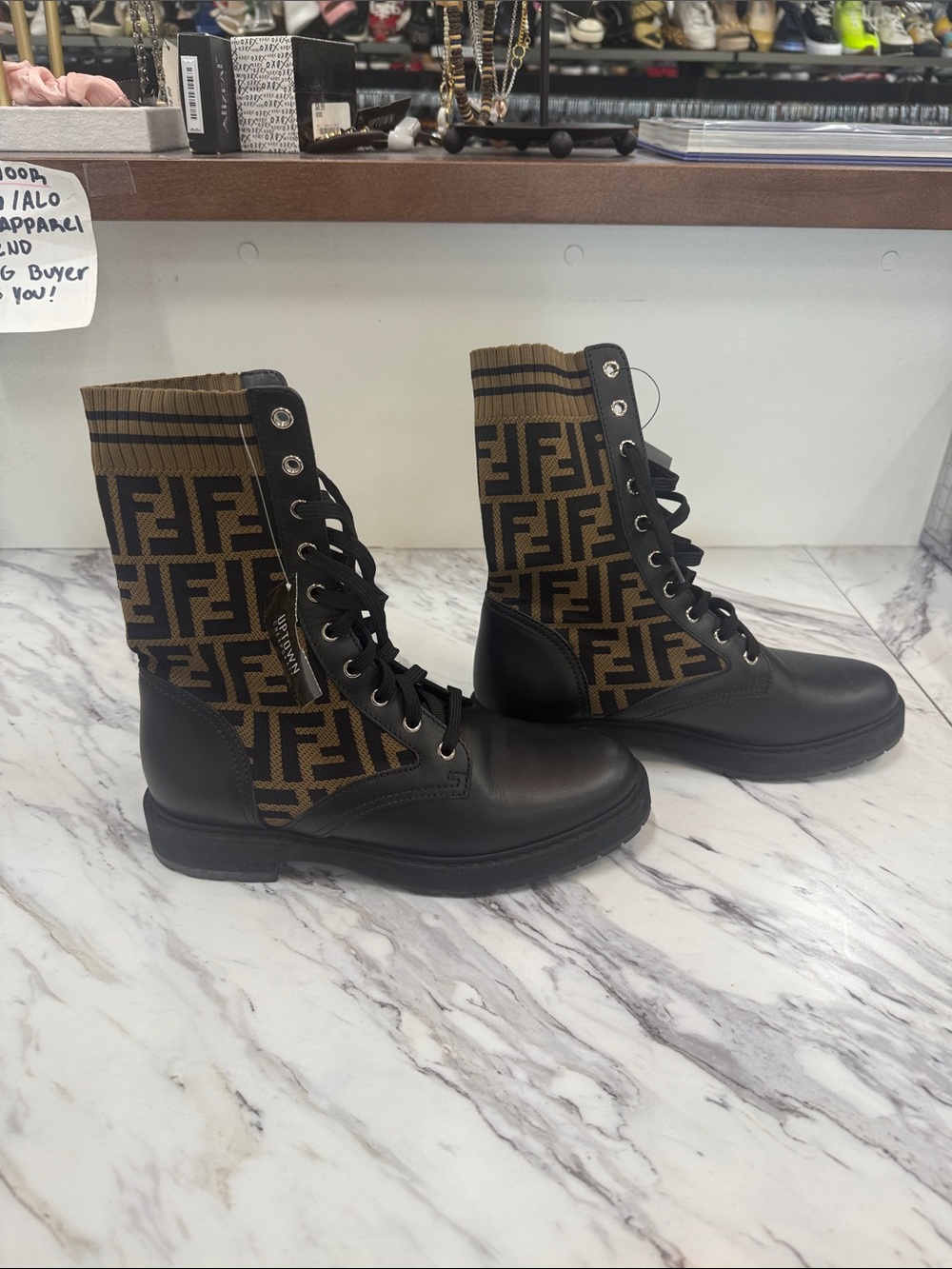 Fendi Black Leather Combat Boots with Brown FF Knit Cuff - Picture 2 of 6